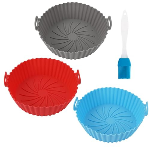 Reusable Silicone Air Fryer Liners, 5.3 Inch Round Silicone Air Fryer Liner | Airfryer Baskets, BPA Free Non-Stick Silicones Trays with Oil Brush,for Oven,Microwave,AirFryer (3 Pieces )