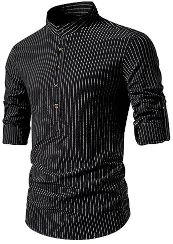 PODOLIXIA Chemise rayée à manches longues pour homme - Col montant avec demi-boutonnière - Coupe droite - Coupe droite - Chemise à manches longues - Automne - Hiver - Loisirs, Noir , XL