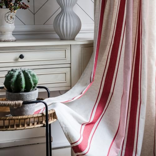 USTIDE Boho Curtains for Bedroom Semi Blackout Cotton Linen Bohemian Curtain Red Stripe Farmhouse Window Curtain Panel Rod Pocket Style Drapes, 1 Panel, W59 x L86