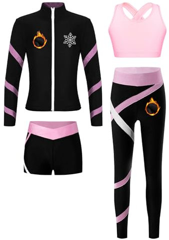 Alvivi 4 Teilig Mädchen Trainingsanzug Fleece Sportanzug Warm Winter Eiskunstlauf Anzug Fleece Jacke + Sport BH + Shorts + Thermohose Leggings Sport Set Rosa 134-140