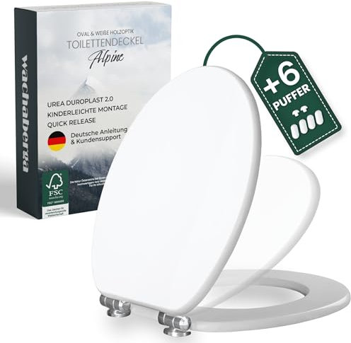 WC-Sitz mit Absenkautomatik Holz Weiß - extrem robust durch den Toilettendeckel Holzkern (MDF) & bombenfester Halt des Holz Klodeckels dank Spezialscharniere inkl. 6 Extra-Puffer für max. Lebensdauer