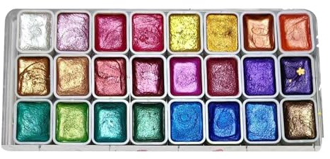 Juego de pintura de acuarela, 24 colores metálicos, pinturas de acuarela profesionales, juego de pintura gouache portátil, caja de pintura sólida de acuarela para niños, adultos, suministros de arte