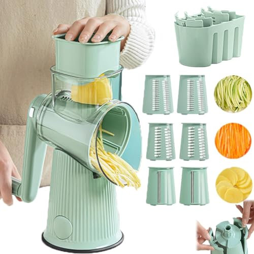 Rallador de queso giratorio 5 en 1, cortador de verduras, rallador de queso 5 en 1, trituradora con 5 juegos de cuchillas intercambiables y base de succión fuerte(Green)