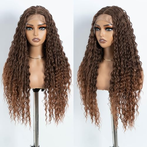 Style Icon Lange Deep Curly Wave Lace Front Perücke 30 Zoll Ombre Braun Lange Wasserwelle Perücke für Frauen T Part Lace Perücke mit Baby Haar Synthetische Hitzebeständige Faser (T C4/C30)