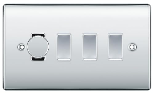BG Polished Chrome 4 Gang Grid Switch 1x Trailing Edge LED Dimmer 3x 1 or 2 Way