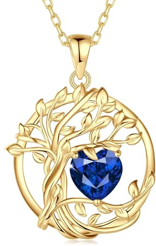FANCIME Lebensbaum Geburtstein Kette für Damen Gelbgold Vergoldet Baum des Lebens Edelstein Anhänger Halskette Schmuck Geschenke für Damen Frauen Mädchen, Kettenlänge: 40+5 cm