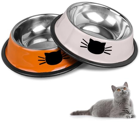 Set di Ciotole per Gatti in Acciaio Inox Antiscivolo (Grigio + Arancione)