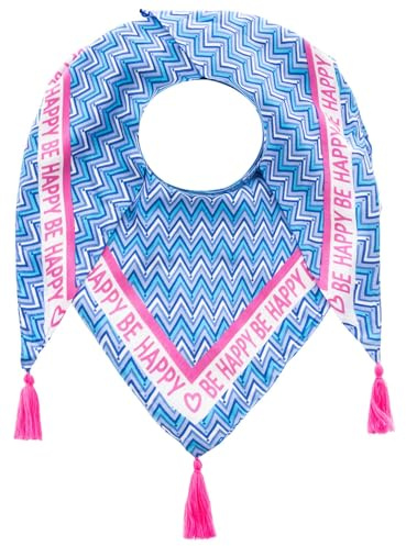 Zwillingsherz Dreieckstuch mit Zickzack-Muster, Blau-Weiß, Pink Quasten, Be Happy Design