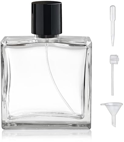 Yerpkefey Atomiseur de parfum en verre 100 ml, flacon pulvérisateur de parfum vide rechargeable avec 3 types de distributeurs (A4)