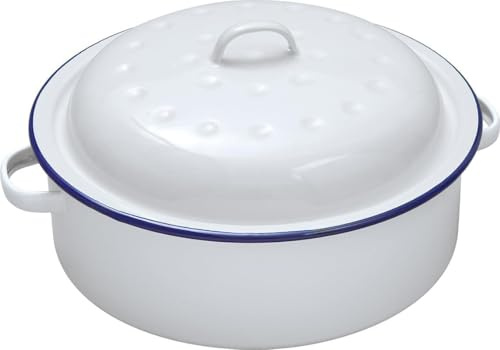 Falcon Enamel Round Roaster Dish 20cm x 8.5cm Traditional Oven Safe White Baking Serving Cookware with Blue Rim Casserole Pan Durable Heavy-Gauge Steel Enamelware for Roasting White - 1 Pack