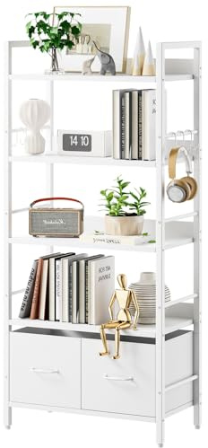 Aibiju Shelf Bookcase, 5 Tier Bookshelves With 2 Fabric Cloth Drawers, Free Standing Storage Shelving Unit for Bedroom, Living Room and Office, Bookshelf White YD-BC002W