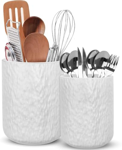 wishfly Küchenutensilienhalter, Utensilienhalter Aus Keramik für Die Küchentheke, Aufbewahrung von Küchenutensilien, 2 Stück Kochutensilien-Töpfe für Spatel, Löffel, Gabeln, Pflanzen(Weißer Streifen)