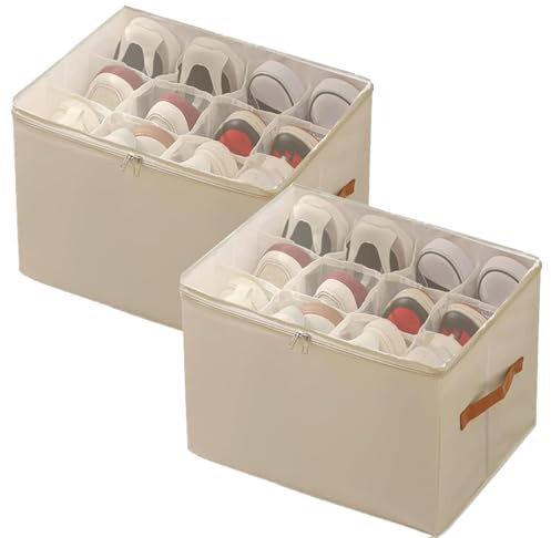 XIANGLV Staubdichte Schuhaufbewahrung Schuhorganizer, Shoe Organizer aus Stoff mit Klarer Abdeckung, Schuhboxen Stapelbar Schuhregal Platzsparend Schuh Organizer für 8-16 Paare (Beige, 2 Pack)