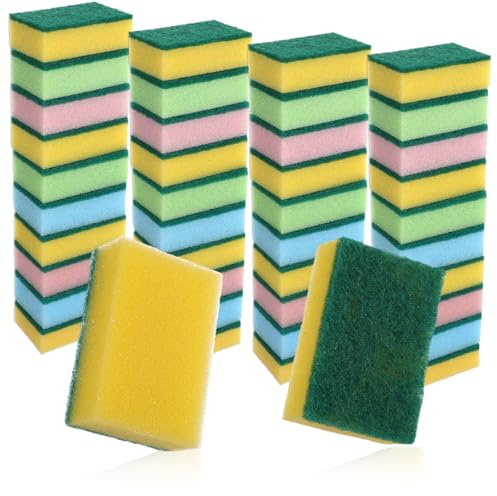 100 Pcs Heavy Duty Cleaning Scrub Sponges for Kitchen Abrasive Scrubber Sponge Bulk One Scouring Scrubbing One Absorbent Dish for Washing Dishes Kitchen, Assorted Colors