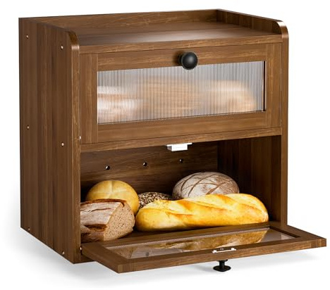 Gvdeirn 2-Layer Bread Bin, Double Bread Bin for Kitchen Countertop, Double Layer Breads Container with Front Opening Vintage Cupboard for Homemade Breads to Keep Fresh (Brown)