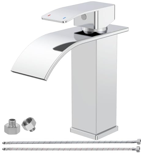 Wasserhahn Bad Chrom Wasserfall Wasserhahn Einhebelmischer | Einloch-Waschtischarmatur Edelstahl-Badarmatur mit Auslauf Höhe 110MM, Wassersparend Energiesparend von BATHLAVISH