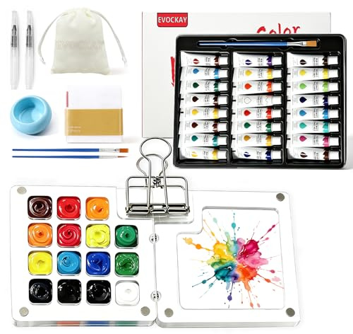 EVOCKAY Portable Mini Watercolor Paint Set - All-in-One Travel Kit with Paints, Brushes, Palette, Bag, and Water Container - Perfect for Artists and Beginners-15 Grids