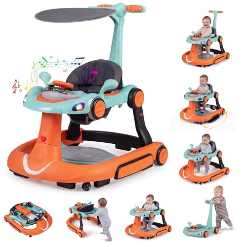 COSTWAY 7 in 1 Lauflernhilfe mit Verdeck, Baby Walker ab 6 Monaten (Orange) | Lauflerwagen klappbar mit einstellbarer Höhe & Geschwindigkeit, Gehfrei Baby mit Spielboard, Musik, Licht & Rädern