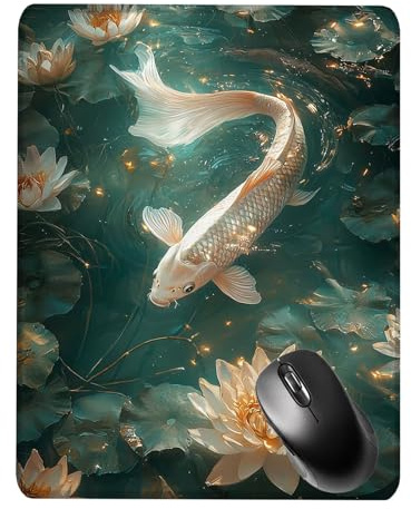 Alfombrilla Ratón Gaming, Mouse Pad, con Base de Goma Antideslizante, Superficie Impermeable, Bordes Cosidos, Compatible con Ratones Láser y Ópticos Portátil, Office, 32x26x0.3cm Lotus Carpa S0F-277
