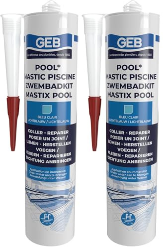 GEB Mastic étanche spécial piscine Bleu 290 ml pour coller, jointoyer et réparer même sous l'eau des éléments de piscine, carrelage, mosaïque, margelle, projecteur, bonde (Lot de 2)