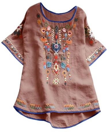 Generico Camicia da Donna Manica Corta Elegante Tunica Ricamo Tops Boho Hippie Blusa Stile Etnico Vintage Camicie Lino Cotone Curvy Casual Camicetta da Spiaggia Tinta Unita Classico