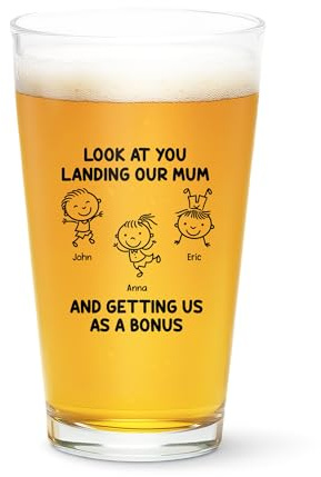 Personal Chic Personalised Beer Glass for Dad - Look At You Landing Our Mum - Daddy Birthday Gifts, Beer Gift, dad Beer Glass, Beer Gift Sets for Men (3 Kids)