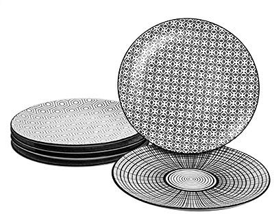 Ard'time „Komaé“ Teller aus Steingut, Schwarz-Weiß, 6 Stück, Keramik, Geometric Panaches Designs, 21,5 x 21,5 x 2 cm