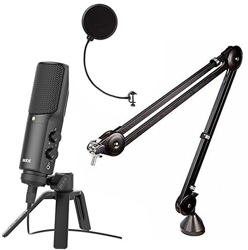Rode NT-USB - Micrófono condensador de podcast con Rode PSA1 Studio Boom Arm & Mic Pop Filter