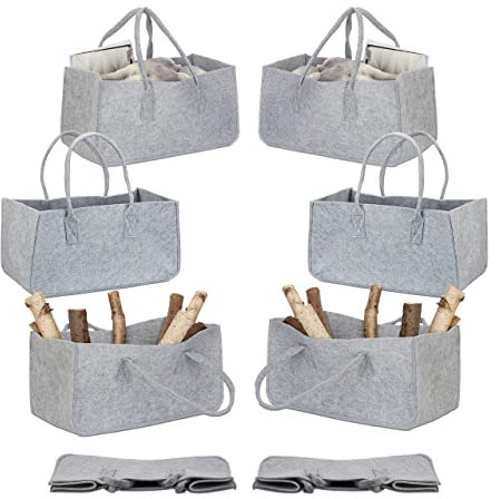 Relaxdays 8X Borsa Portalegna per Camino in Feltro Cesto Portatile Portariviste Pieghevole HxLxP: 25x25x50 cm, Grigio