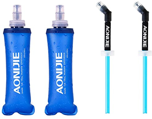 Azarxis Mjuk hopfällbar vattenflaska i TPU, vikbar gelbehållare, handhållen för vätskepaket, löpning, vandring, cykling, klättring, jogging, maraton, terräng (250 ml, 2-pack med 2 snabba sugrör)