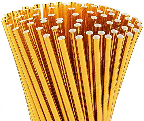 ALINK Gold Foil Paper Straws, Biodegradable Disposable Drinking Straws for Birthday, Wedding, Bridal/Baby Shower, Christmas Decorations and Party Supplies, Pack of 100