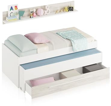 Habitdesign Cama Nido Juvenil, 2 Camas + Cajon + Estante, Cama Infantil, Acabado en Blanco Artik y Blanco Velho, Medidas: 199 cm (Largo) x 96 cm (Ancho) x 65 cm (Alto)