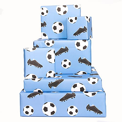 Central 23 - Papel de regalo divertido para niño - 6 hojas de papel de regalo de cumpleaños - Papel de regalo de fútbol - Botas de fútbol - Para niña - Azul blanco - Reciclable