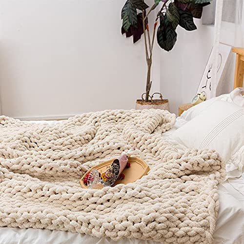 RAILONCH Strickdecke,Grob Gestrickte Wolldecke Stricken Handgewebte Chenille Grobstrick Überwurf Decke für Haustier Bett Stuhl Sofa Tagesdecke Strick (Beige weiß,80x100cm)