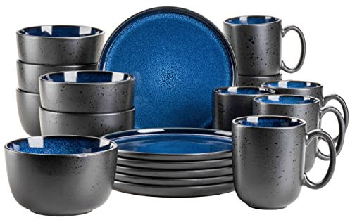 MÄSER 931971 Série Niara Service de table moderne pour 6 personnes au look vintage excitant Service de petit-déjeuner 18 pièces en céramique Bleu et noir Grès