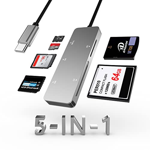 Lector de Tarjetas CF USB C 3.0 (5Gbps), Lector de Tarjetas de Memoria USB C con Lector de Tarjetas Múltiple TF/SD/MS/M2/XD/CF, Lector de Tarjetas M2 Aluminio para Windows XP/Vista/Mac OS/Linux
