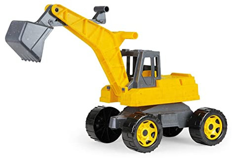 Lena 02217-Eco GIGA Trucks Aufsitz-Bagger, Starke Riesen Sandbagger ca. 70 cm, 360 Grad Schaufelbagger zum Draufsitzen, Baufahrzeug mit Holzanteil, hoher Tragkraft, Gelb, ca. 70x28x32 cm