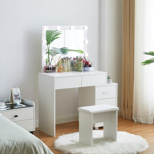 TUKAILAI Schminktisch mit Beleuchtung Spiegel, Kosmetiktisch mit 5 Schubladen, Frisiertisch mit Hocker, Makeup Vanity 80x40x135cm für Wohnzimmer/Schlafzimmer, Schminktisch für Kleine Räume Weiß