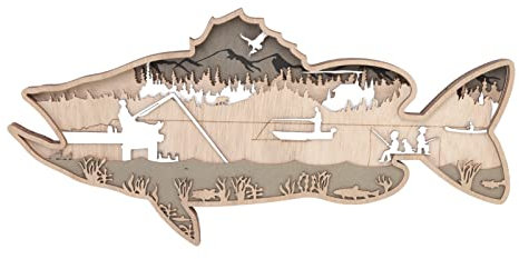 Kuuleyn Hölzerne ausgehöhlte Fischstatue, hölzerne ausgehöhlte Fischfigur, mehrschichtiger Buchsbaum, dekorativer aus Holz ausgehöhlter Fisch, gestreift für die Kantine im Home Office(Lachs)