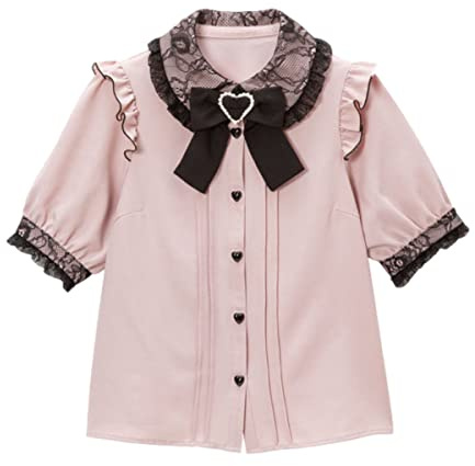 Camicetta da donna Lolita in pizzo con maniche corte a sbuffo, colletto Peter Pan, gotico, kawaii, vintage, con volant e fiocco, Rosa, M