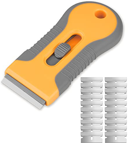 Ainiv Glashällskrapa med 20 reservskrapor, multifunktionsrengöringsmedel för etiketter, klistermärken, klistermärken, glasfärg (orange, enkel kopp)