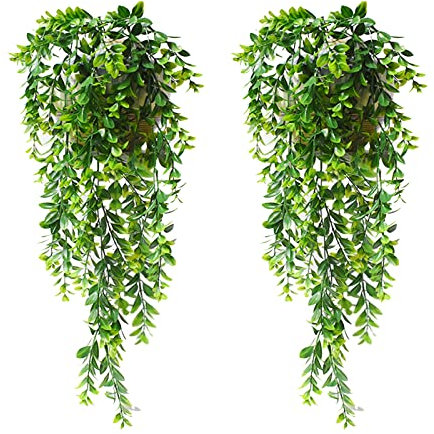 DHISUFU 2 x künstliche Hängepflanzen, grüne Hängepflanzen, künstliche Hängepflanzen, künstliche Hängepflanzen für drinnen und draußen, Badezimmer, Haus, Garten, Hängekorb, Hochzeitsdekoration