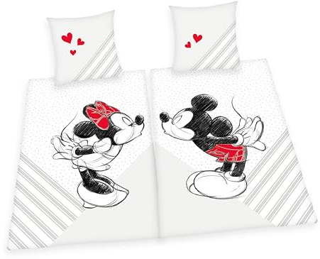 Herding Mickey & Minnie Mouse Partnerbettwäsche, Disney, 2 x Kopfkissenbezug ca. 70 x 90 cm, 2 x Bettbezug 140 x 200 cm, Mit leichtläufigem Reißverschluss, 100% Baumwolle/Renforcé