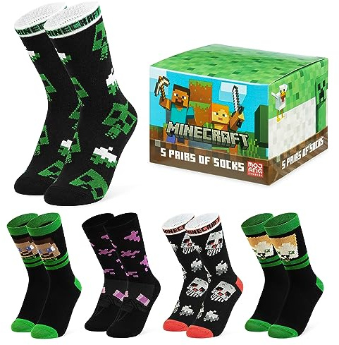 Minecraft Creeper Kinder Socken Set für Jungen (Schwarz/Mehrfarbig, 37-40)