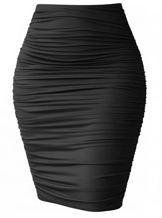 eoeoo Women's Elastic High Waist Ruched Bodycon Stretch Elegant Pencil Midi Skirt Black Large