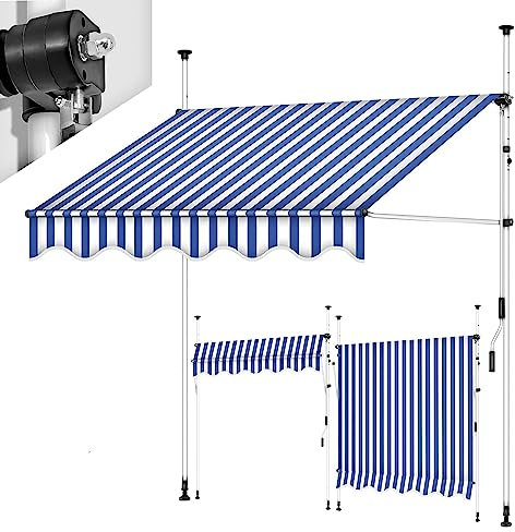 WOLWES 2/2,5/3/3,5/4 m Breit Klemmmarkise mit Kurbel, Markise für Terrasse/Balcony, Sonnenschutz Markisen Standmarkise, Markise Balkon Ohne Bohren (Color : Blue-White, Size : 2.5m/98in)