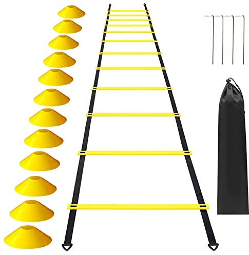 CalmGeek Fußball Trainingszubehör Koordinationsleiter Trainingsleiter, Agility Speed Ladder Set 19.7ft für Fußball-Fußball-Fitnesstraining, mit 12 Hütchen 4 Pfählen fußball Trainingsset (18 STÜCKE)