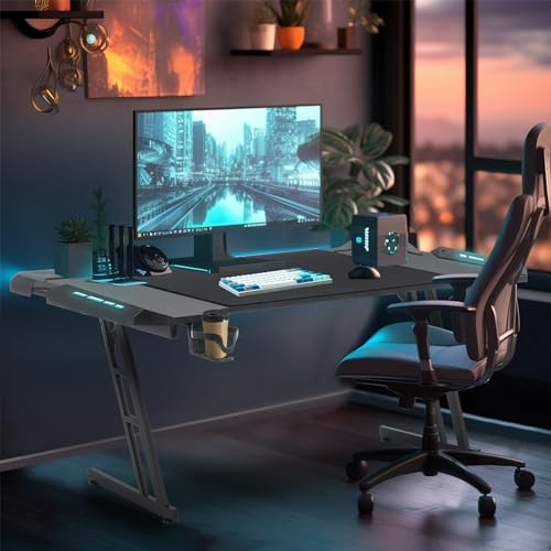 YUENFONG 140 x 60cm Gaming Tisch Gaming Schreibtisch PC Tisch mit Kohlefaseroberfläche, Computertisch inkl. Kopfhörerhaken und Getränkehalter, Schwarz mit LED