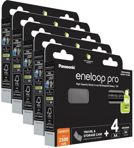 Eneloop Pro Lot de 5 x 4 Piles Rechargeables AA 2500mAh + boîte de Rangement