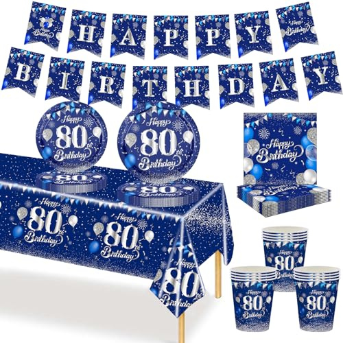 MORAINJAY 70 Pezzi Stoviglie Festa 80 Anni Blu Argento | Piatti Carta, Bicchieri, Tovaglioli E Striscione, Decorazioni Da Tavola Per Festa 80 Compleanno